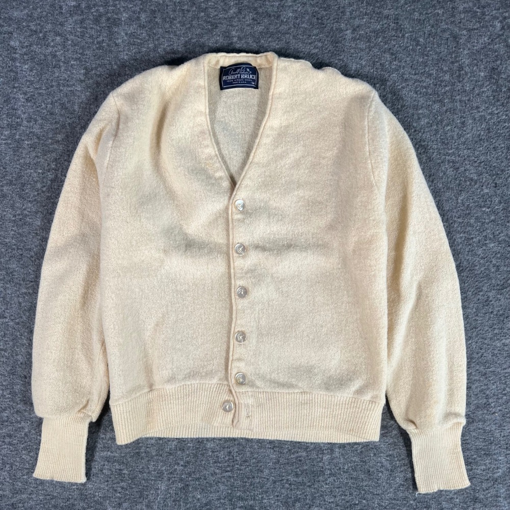 Vintage 70s Arnold Palmer Robert Bruce Virgin Wool Cardigan Sweater Cream Mens M